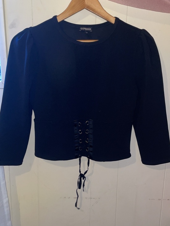 Express Tops - Express Black Lace-Up Cropped Long Sleeve Sweatshirt